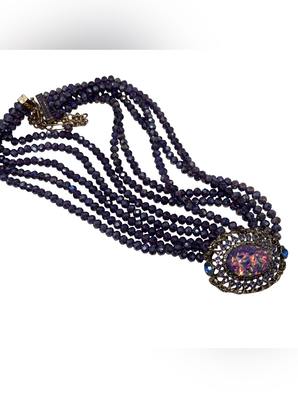 Heidi Daus Purple Crystal Beaded Multi Strand Necklace Faux Opal Pendant